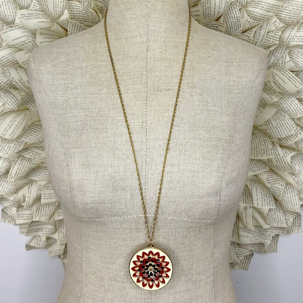 Large Floral Medallion Long Statement Necklace